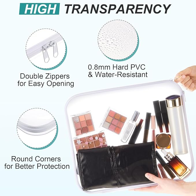 Hoolerry 3 Pcs Clear Hard Zipper Case Plastic Pouch Transparent Hard Case Clear Makeup Bag Portable Travel Organizer Bin for Cosmetics, Building Blocks, Puzzles(White,L)