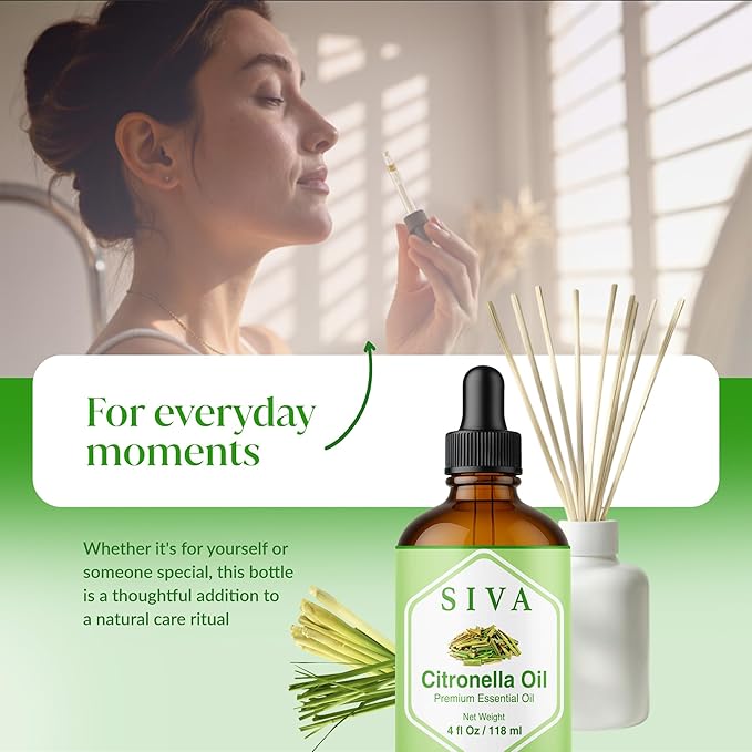 Siva Citronella Essential Oil - 4 Fl Oz – 100% Natural Citronella Oil - for Diffuser, Face, Skin Care, Aromatherapy, Hair Care, Scalp and Body Massage - with Dropper