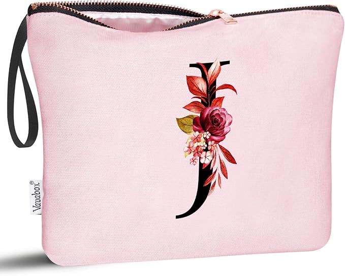 Vavabox A-Z Personalized Makeup Bag, Birthday Gifts for Women Mom, Gifts for Best Friend, Bride Bridesmaid Cosmetic bag (J, Pink)