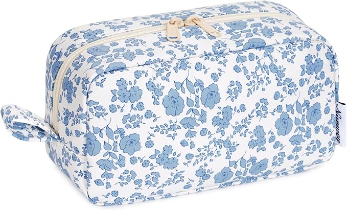 Narwey Cute Makeup Bag Small Toiletry Bag Travel Cosmetic Bag Organizer Make Up Bags with Organized Pockets for Women (Little Blue Flower, Large)