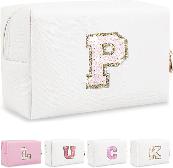 Personalized Initial Makeup Bag, Small Preppy Glitter Letter Cosmetic Pouch PU Waterproof Zipper Travel Toiletry Bag, Unique Letter Patch Makeup Organizer Gift for Women Teen Girls