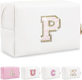 Personalized Initial Makeup Bag, Small Preppy Glitter Letter Cosmetic Pouch PU Waterproof Zipper Travel Toiletry Bag, Unique Letter Patch Makeup Organizer Gift for Women Teen Girls