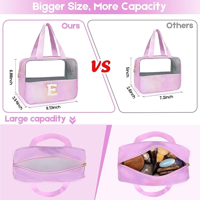Personalized Initial Clear Makeup Bag Purple Cosmetic Bag Set Large Travel Toiletry Bag, Cute Clear Make Up Bags Organizer Bag for Girlfriend Teacher Gifts Teen Girl Gifts Trendy Stuff E (Purple)