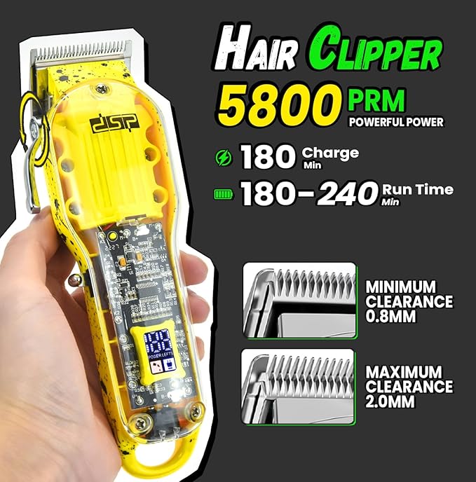 DSP Hair Clipper, Trimmer, Shaver Kits for Men Professional Barber Clipper and Trimmer Sets with Travel Case, Rechargeable, LED Display, Yellow