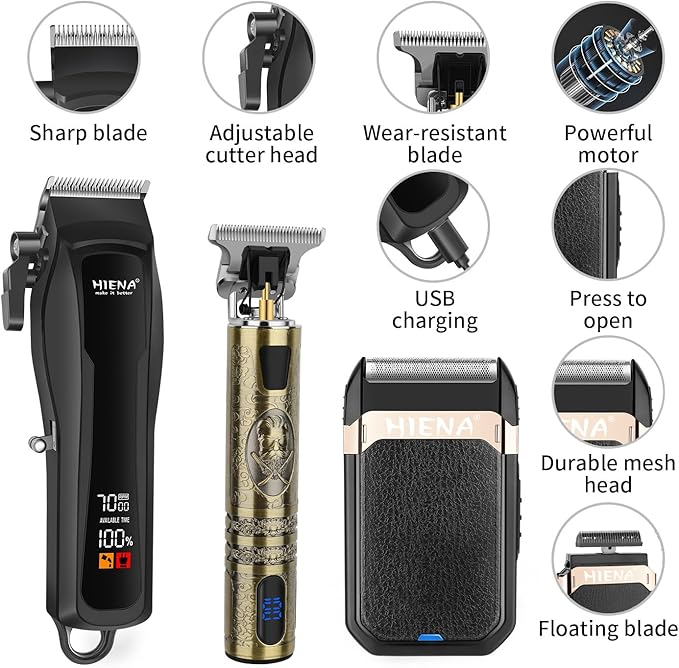 HIENA PRO Professional Cordless Hair Clippers for Men, T-Blade Beard Trimmer & Foil Shaver Set, Barber Clipper Hair Cutting Grooming Kit, Barber kit