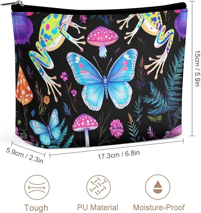 Small Zipper Cosmetic Case, Portable Makeup Case, Toiletry Bag, Travel Cosmetic Toiletry Bag Goth Moon Frogs Moth Butterfly Magical Mushroom Leaves
