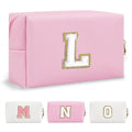 Personalized Initial A-Z Preppy Patch Makeup Bag,Small PU Chenille Letter Cosmetic Bag with Zipper for Teen Girls,Pink Cute Toiletry Organizer Bag,Monogram Makeup Case Gift for Women Girls,Letter L