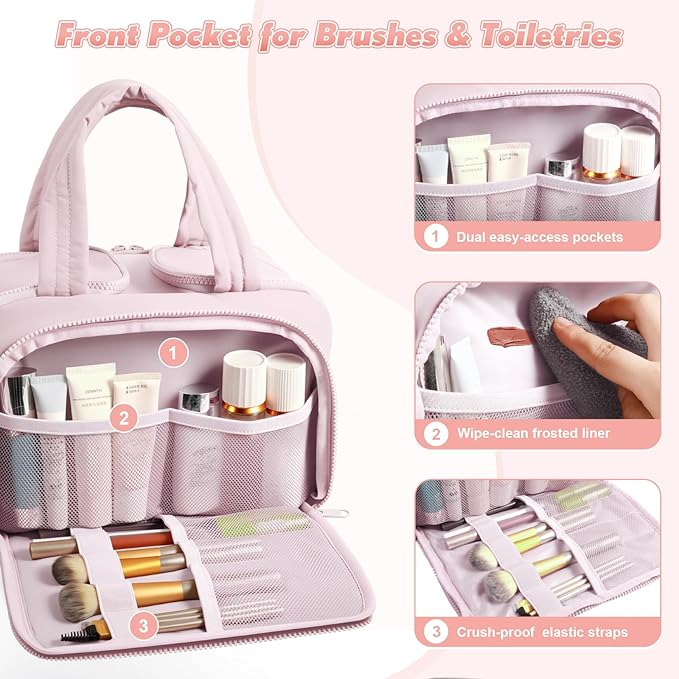 Travel Toiletry Bag:  Large Capacity, 4 Compartments, Wet/Dry Separation, Ultra-Soft Lightweight Fabric & Anti-Spill Design for Travel,Gym,Gift(11.8" L) (Soft Pink)
