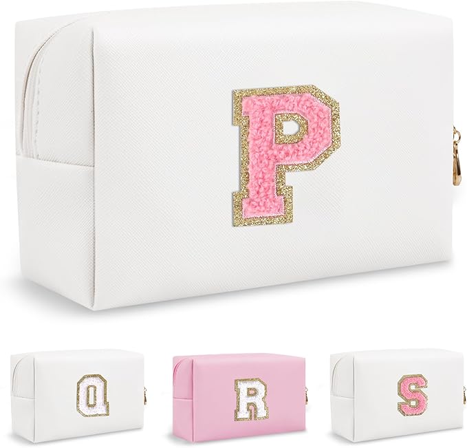Personalized Initial Preppy Makeup Bag Organizer, White Small Travel Cosmetic Bag Monogram Toiletry Zipper Pouch for Women, PU Leather Waterproof Makeup Case Proposal Gift for Brides Female(Letter P)