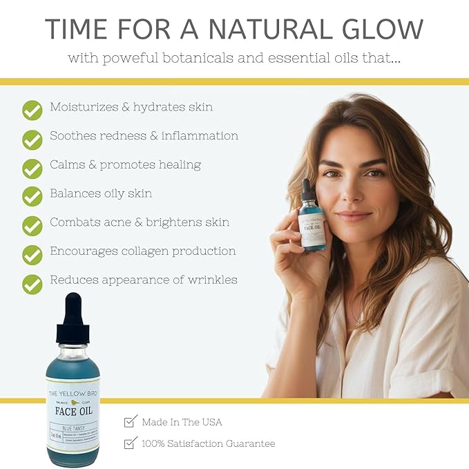 Yellow Bird Balancing Blue Tansy Face Oil 2 oz / 59 ml – Skin Glowing Serum. Collagen Support. Promotes Clear Skin Naturally. Wrinkle, Blemish & Pore Minimizer. Natural, Vegan Facial Moisturizer.