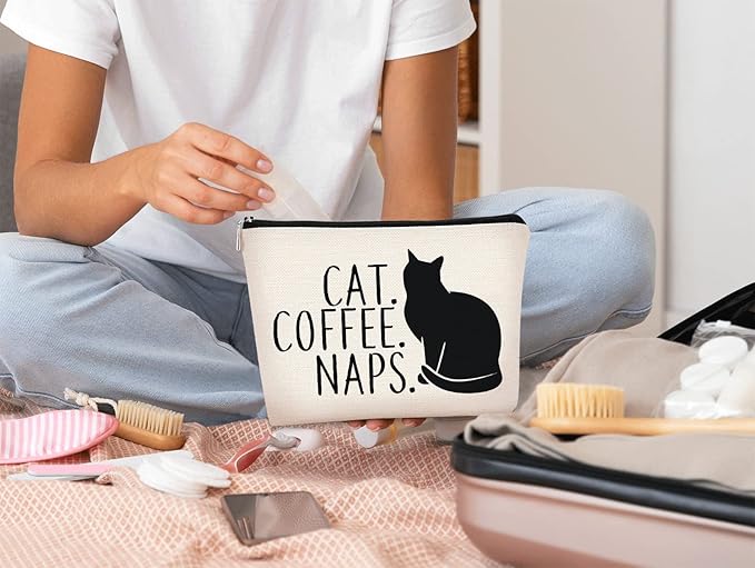 Cat Coffee Naps Black Cat Funny Cartoon Kitty Kitten Makeup bag,Cosmetic Bag Zipper Travel Toiletry Bag Best Gift Idea for Cat Lovers Teen Girls,Cat Owners Gifts,Birthday Christmas's Gift