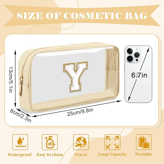 Personalized Initial Letter Clear Makeup Bag,Preppy Small Nylon&PVC Cosmetic Zipper Bag with Chenille Letter,Portable Beach Travel Skincare Toiletry Bag,Trendy Monogram Gift for Teen Girls Women,Y