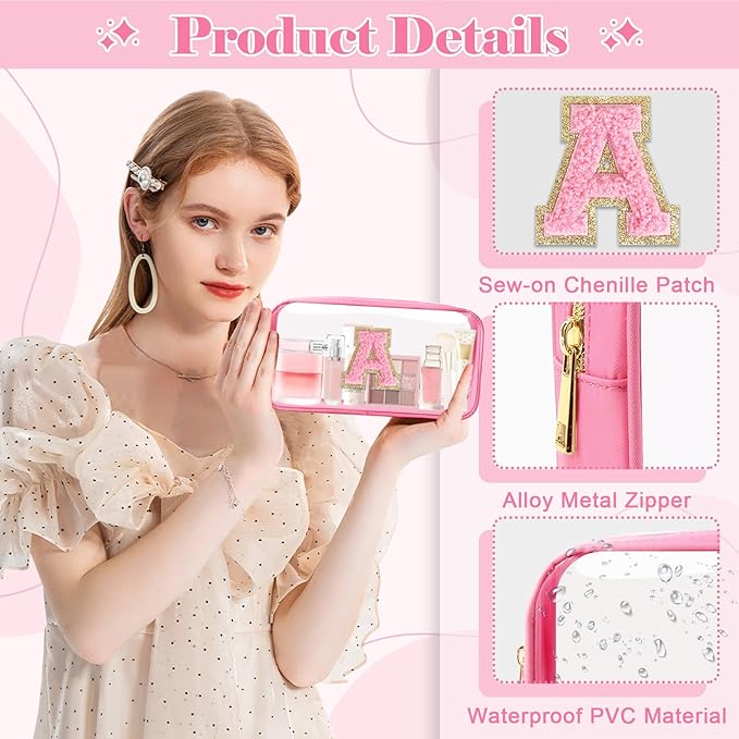 Personalized Initial Letter Clear Makeup Bag,Preppy Small Nylon&PVC Cosmetic Zipper Bag with Chenille Letter,Portable Beach Travel Skincare Toiletry Bag,Trendy Monogram Gift for Teen Girls Women,A