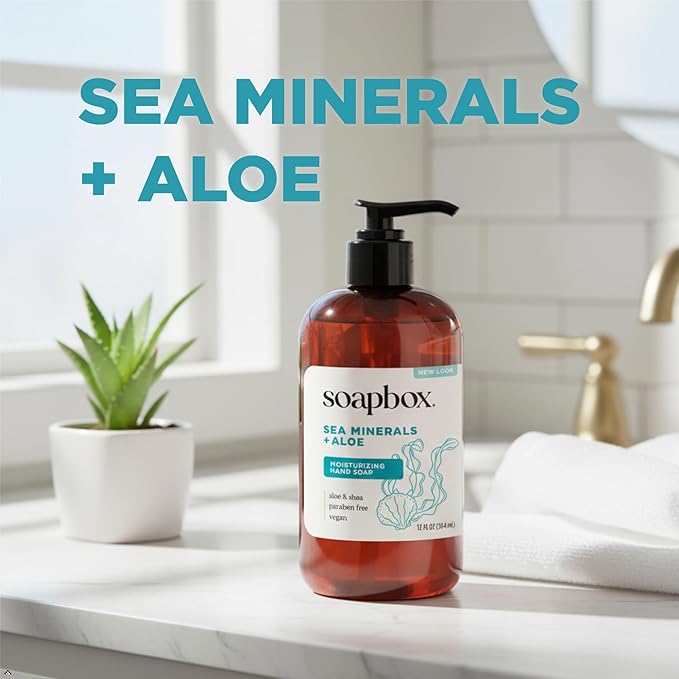 Soapbox Liquid Hand Soap, Sea Minerals & Aloe - Gentle & Moisturizing Hand Wash for Kitchen and Bathroom, Vegan & Cruelty Free Scented Hand Soap 12 Ounce Pump Bottles (Pack of 3)