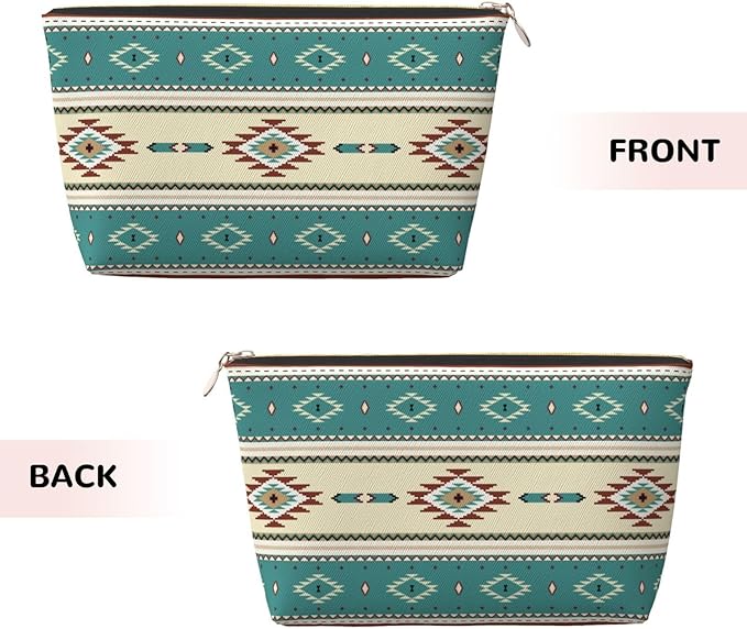 Native Indian Western Tribal Small Makeup Bag for Women - Leather Travel Cosmetic Bag Make Up Pouch Mini Travel Zipper Pouch - Makeup Organizer Bag