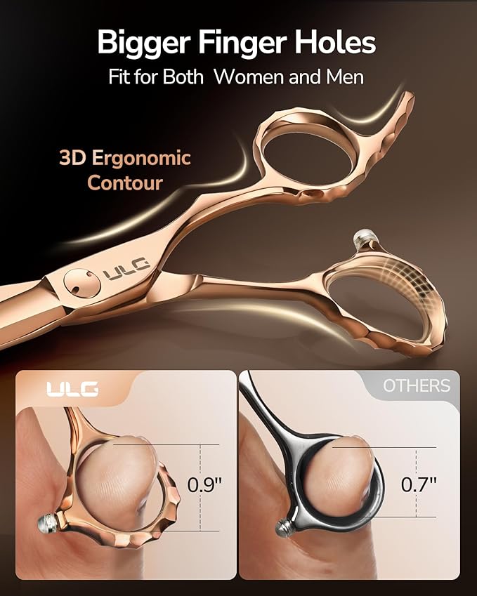 ULG Professional Seamless Hair Thinning Scissors Luxury 18K Rose Gold Coated 6.5" Barber Scissors 440C Japanese Stainless Steel Hand-Honed Convex Blades Offset Handles Tension Adjustable, Right-Handed