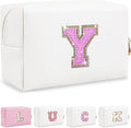 Initial Letter Patch Makeup Bag, Preppy Glitter Pouch Cosmetic Bag, Small PU Travel Toiletry Bag Zipper, Personalized Monogrammed Gift for Friends, Sisters & Teens (Y)