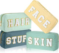 Cunno 4 Pcs Preppy Makeup Bags Chenille Letter Stuff Bag Nylon Cosmetic Pouch Cases with Zipper for Women Travel Toiletry