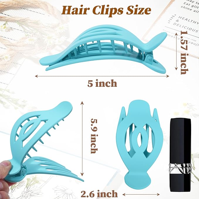 AWAYTR 6Pcs Upgrade Large Flat Hair Claw Clips for Women Girls, 5" Non-slip Duckbill Hair Clips for Long, Thick, Thin Hair, Comfortable for Driving & Lying Down (Matte (Blue))