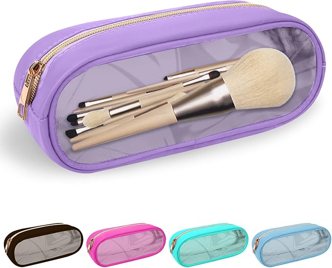 Nylon Small Clear Slim Preppy Cosmetic Zipper Pouch, PVC Toiletry Clutch Coin Makeup Organizer for Women Girls (Purple)