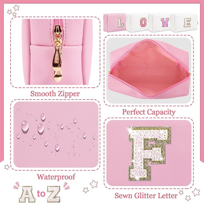 Personalized Initial Letter Makeup Bag, Preppy Glitter Letter Patch Cosmetic Pouch Zipper,PU Waterproof Travel Toiletry Bag Cute Makeup Organizer Monogrammed Make Up Bag,Gift for Women Girls(Letter F)