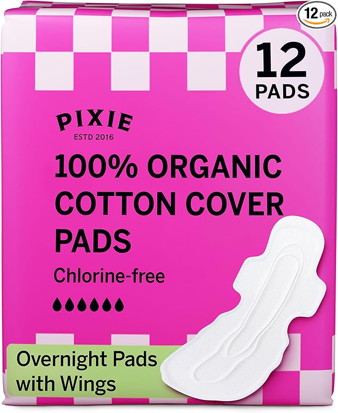 Pixie Organic Cotton Overnight Pads for Women - Extra Heavy Absorbency with Wings - Leak-Proof, Hypoallergenic & Unscented for Feminine Care - Compostable, Biodegradable - 12 Count