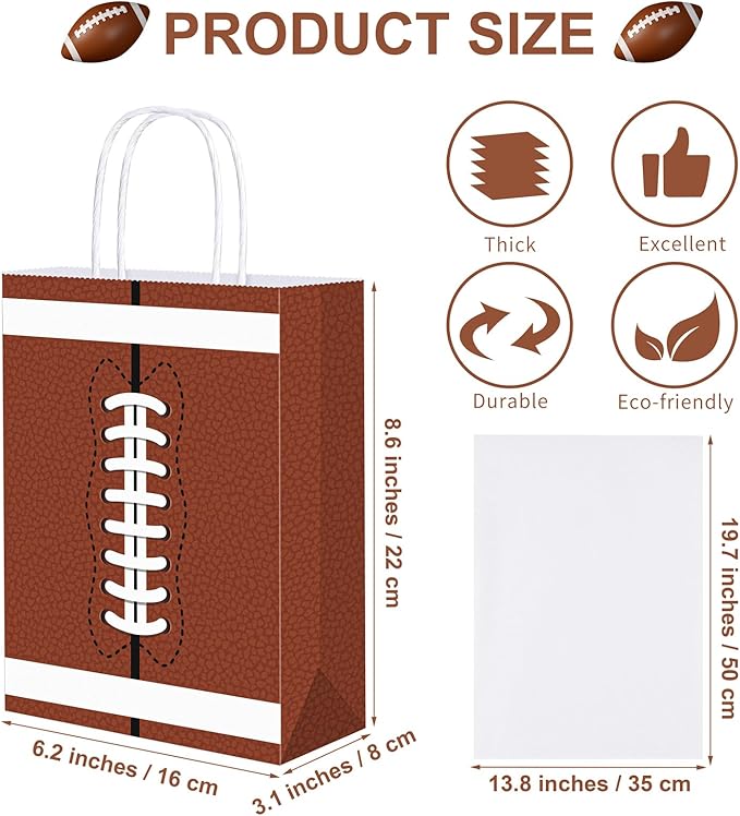 durony 16 Pieces Football Gift Bags with Handles Football Party Favor Bags Paper Treat Bags Football Goodie Bags Candy Snack Bags Football Theme Party Decorations for Birthday Party Supplies