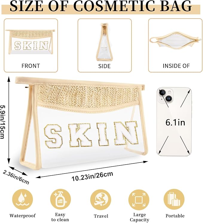 Small Boho Straw Clear Skin Makeup Bags for Women&Girls, Zipper Cosmetic Bag Chenille Varsity Letter Patch Bag, Preppy Cute Toiletry Pouch, Trendy Organizer Storage Bag for Beach Travel Essentials