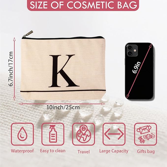 Letter A-Z Initial Personalized Makeup Bags, Birthday Gifts for Women, Monogrammed Gifts for Women Mom Sister Best Friend Bride Bridesmaid, Mothers Day, Christmas, Small Travel Cosmetic Bag (K)