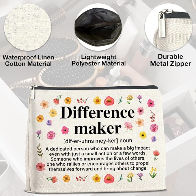Difference Maker Gifts Makeup Bag, Thank You Appreciation Gifts for Women Teacher Boss Leader Coworker, Difference Maker Definition Zipper Makeup Pouch