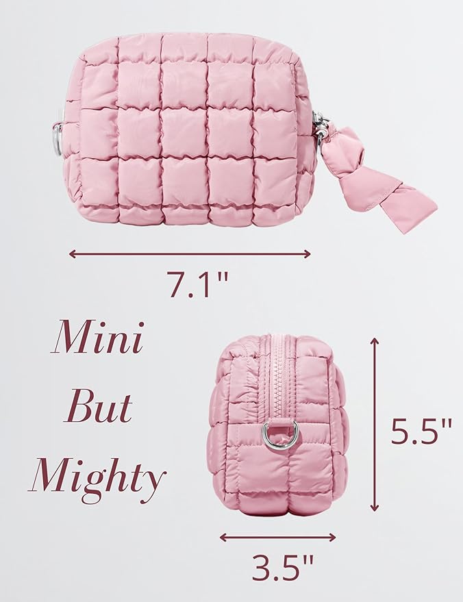 Yarnic Quilted Makeup Bag Cosmetic Bag, Quilt Cosmetic Pouch Puffy Travel Toiletry Bags for Women, Cute Makeup Bag Organizer Soft Puffer Makeup Pouchs (S, Pink)
