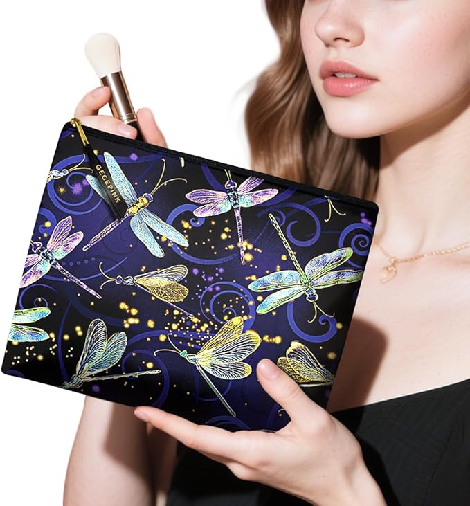 Cute Makeup Bag for Purse Waterproof Cosmetic Bags for Women Funny Smooth Zipper Travel Toiletry Pouch 10X8 Inches-Dragonfly Makeup pouch