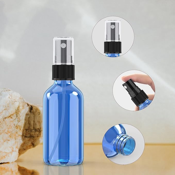 Wedama 2 oz Mini Glass Spray Bottles, Empty Small Spray Bottles with Funnel Dropper, Fine Mist for Hair, Travel, Plants, Cleaning Solutions and Skin Care (4 Pack Sky Blue)