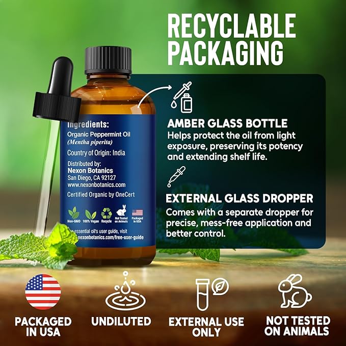 Organic Peppermint Essential Oil 30 ml - Pure, Natural Oils for Aromatherapy, Diffusers, DIY, Candle and Soap Making Scent - Nexon Botanics
