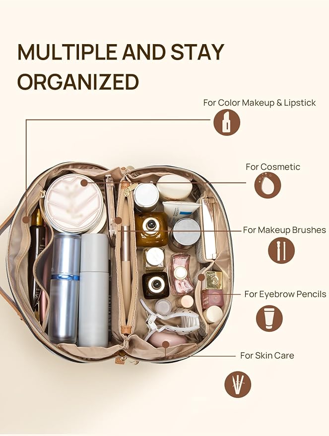 Telena Leather Make Up Bag Portable Travel Makeup Bag Waterproof Cosmetic Bags for Women Large Capacity With Handle and Divider Open Flat