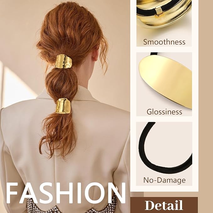 3PCS Gold Hair Ties, Metal Hair Ties for Thick Hair, Elegant Durable Geometric Design Hair Cuffs, Gold Hair Accessories Stretchy and Non-Damage Ponytail Holders 3 Style Holiday Christmas Gifts