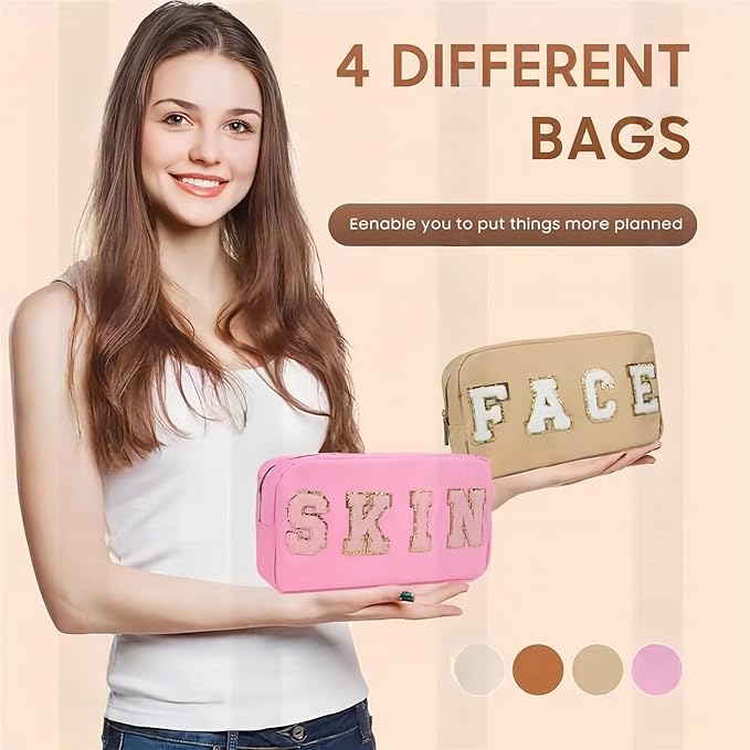 4 Pcs Nylon Cosmetic Bags Travel Organizer Chenille Letter Makeup Pouch Zipper Preppy Waterproof Hair Bag Toiletry Pouch for Women Girls Coffees