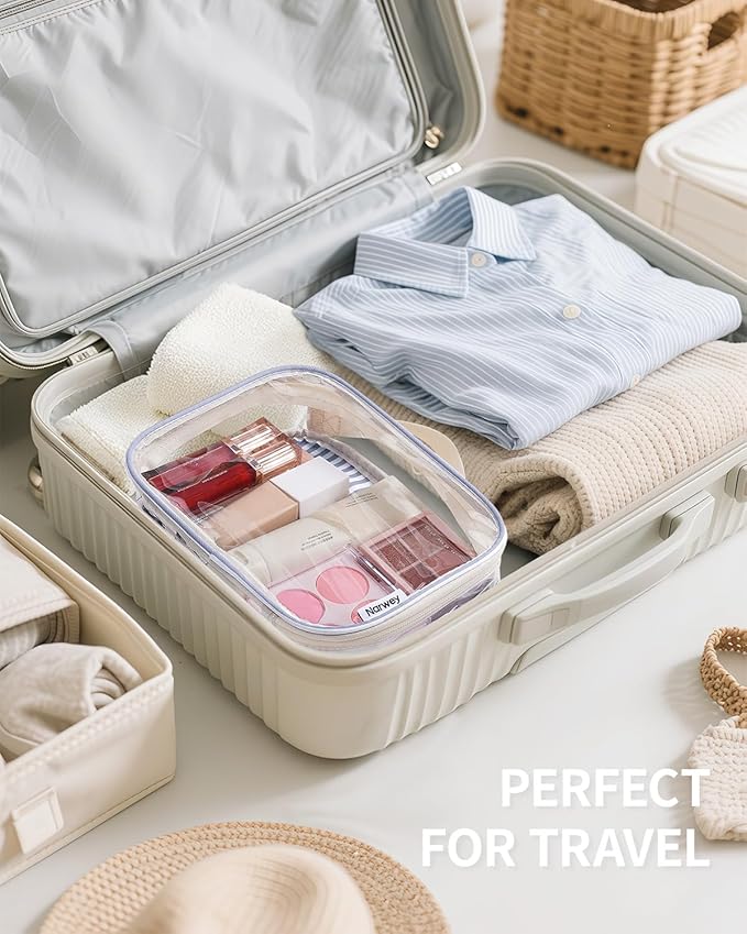 Narwey TSA Approved Clear Toiletry Bag for Travel, Waterproof PVC Clear Makeup Bags, Portable Compact Cosmetic Bag Make Up Organizer, Airport Airline Quart Size Compliant Bag (Greyish Blue Stripe)
