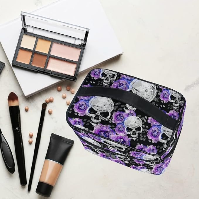 Skull Makeup Bag Purple, Flowers and Skull Gothic Makeup Organizer Bags Toiletry Bag Box Travel Cosmetic Bag Make Up Train Case for Women Teen Girl Ladies