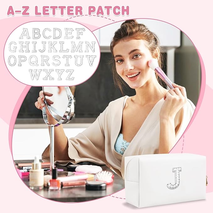 Bride Gifts – Personalized Initial Makeup Bag with Pearl Rhinestone Patch, Preppy White Monogram Cosmetic/Toiletry Pouch, bridesmaid Gifts, Bridal Shower Gifts, Wedding Gifts, Bridal Gifts,J