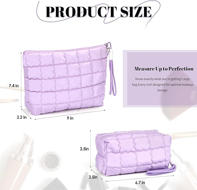 Richeart Makeup Bag Travel Toiletry Bag - Checkered Down Cotton Makeup Pouch for Women with Cosmetic and Pencil, Aesthetic Purple Design, Small