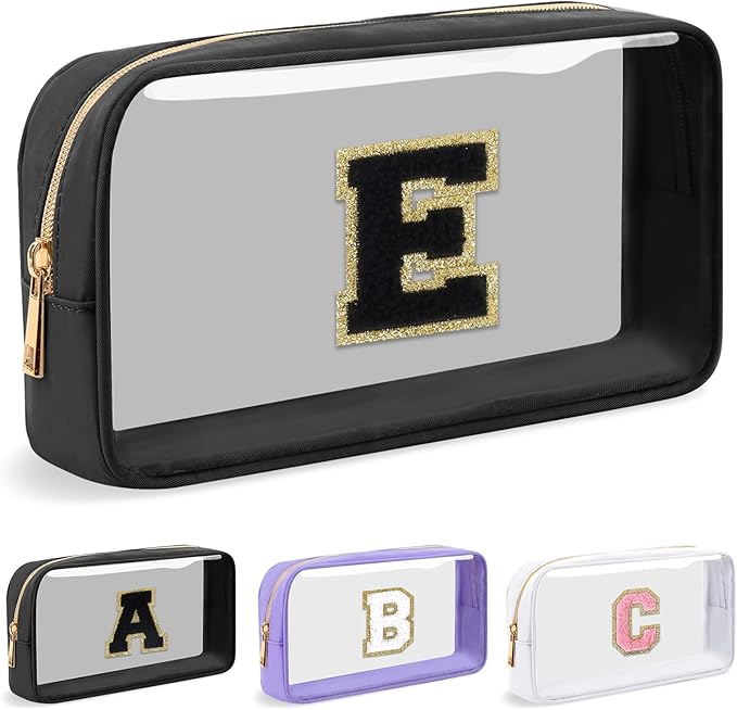 Personalized Initial Letter Clear Makeup Bag,Preppy Small Nylon&PVC Cosmetic Zipper Bag with Chenille Letter,Travel Skincare Toiletry Bag,Monogram Christmas Gift for Teen Girls Women,E