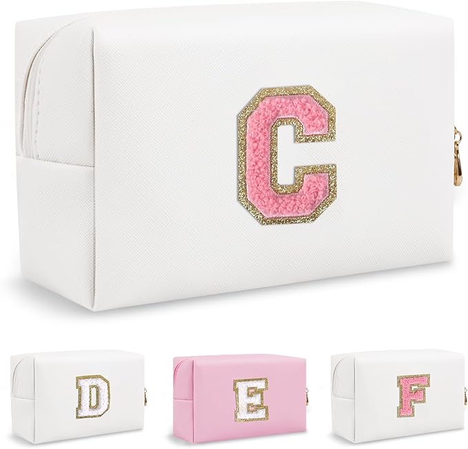 Personalized Initial Preppy Makeup Bag, Small Cute White Toiletry Pouch Monogram Cosmetic Travel Organizer with Zipper, PU Waterproof Glitter Make Up Storage Gift for Coworker Teacher Her(Letter C)
