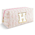 Personalized Quilted Cosmetic Bag, Puffy Monogrammed Christmas Birthday Gifts for Women & Girls, Cute initial Floral Makeup Bag Puffer Coquette Bag, Aesthetic Travel Toiletry Zipper Pouch(Pink,H)