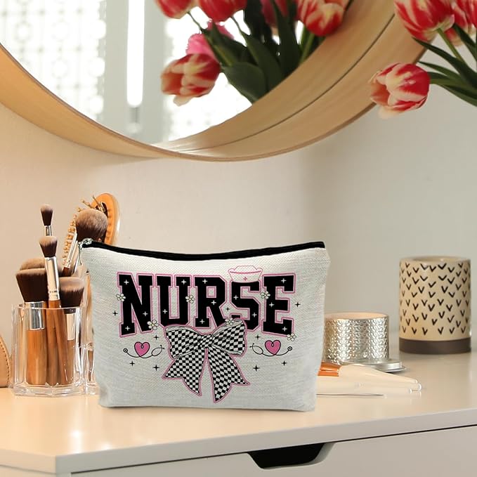 Coquette Black and White Plaid Bow Nurse Makeup Bag, Nurse Gifts for Women Cosmetic Bags, Nurse Week Gifts Makeup Pouch, Nurse Appreciation Gifts Zipper Pouch