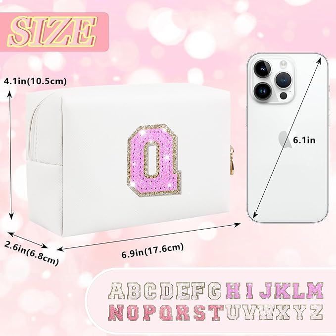 Personalized Initial Makeup Bag - Preppy Glitter Cosmetic Pouch, PU Waterproof Zipper Travel Toiletry Bag - Unique Letter Patch Makeup Organizer - Gift for Women & Teen Girls