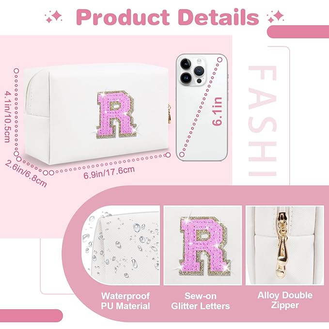 Small Initial Patch Makeup Bag Personalized Gifts Make Up Bag,White Cute PU Leather Glitter Letter Cosmetic Bag with Zipper,Trendy Portable Travel Toiletry Pouch,Preppy Stuff for Teen Girls Women R
