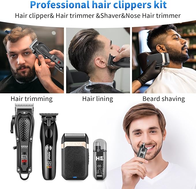 HIENA PRO Hair Clippers for Men Professional, Cordless Barber Clipper & T-Blade Beard/Hair Trimmer Set, Electric Razor Foil Shaver Nose Trimmer Barber Kit, Men's Hair Cutting Kit (212 Set)