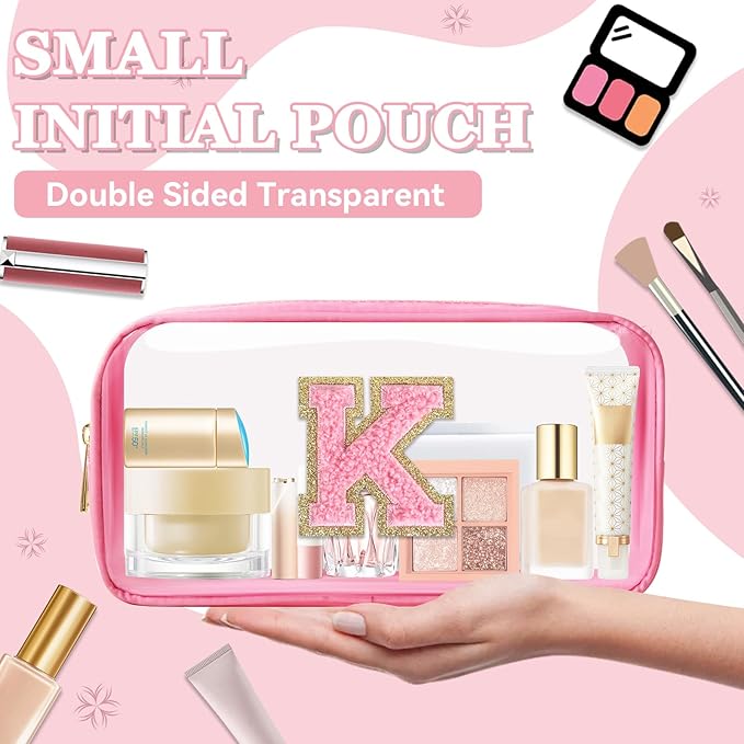 Small Clear Personalized Initial Makeup Bag,Nylon Preppy A-Z Chenille Letter Patch Cosmetic Pouch Beach Toiletry Bag,Waterproof Zipper Travel Purse Storage Bag Organizer for Women Girls(Pink-Pink K)