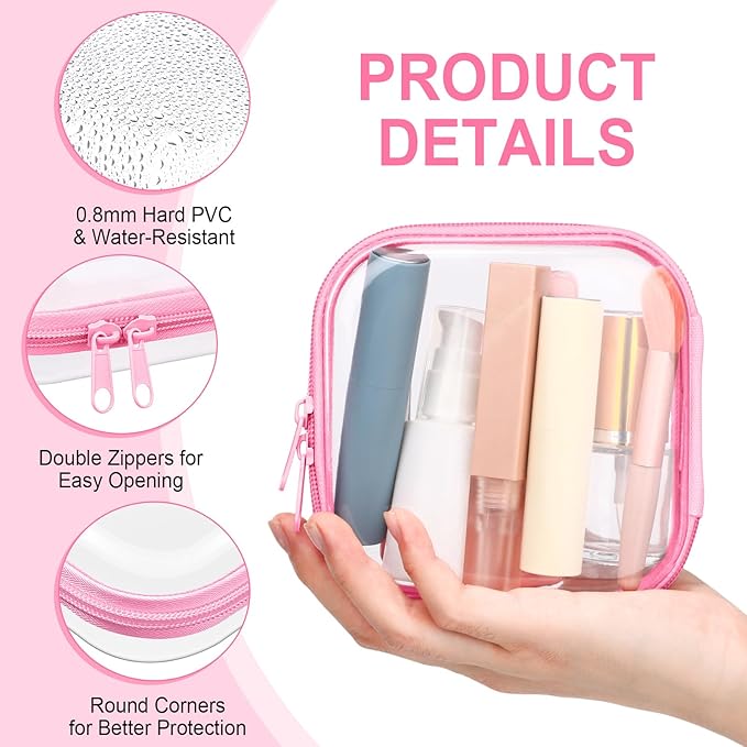 Sanwuta 6 Pcs Clear Hard Zipper Case Hard Plastic Zipper Pouches Makeup Bag Pencil Pouches Transparent Cases for Snacks Plastic Storage Organizer Box for Travel(Pink,5 x 5 x 2 Inch)